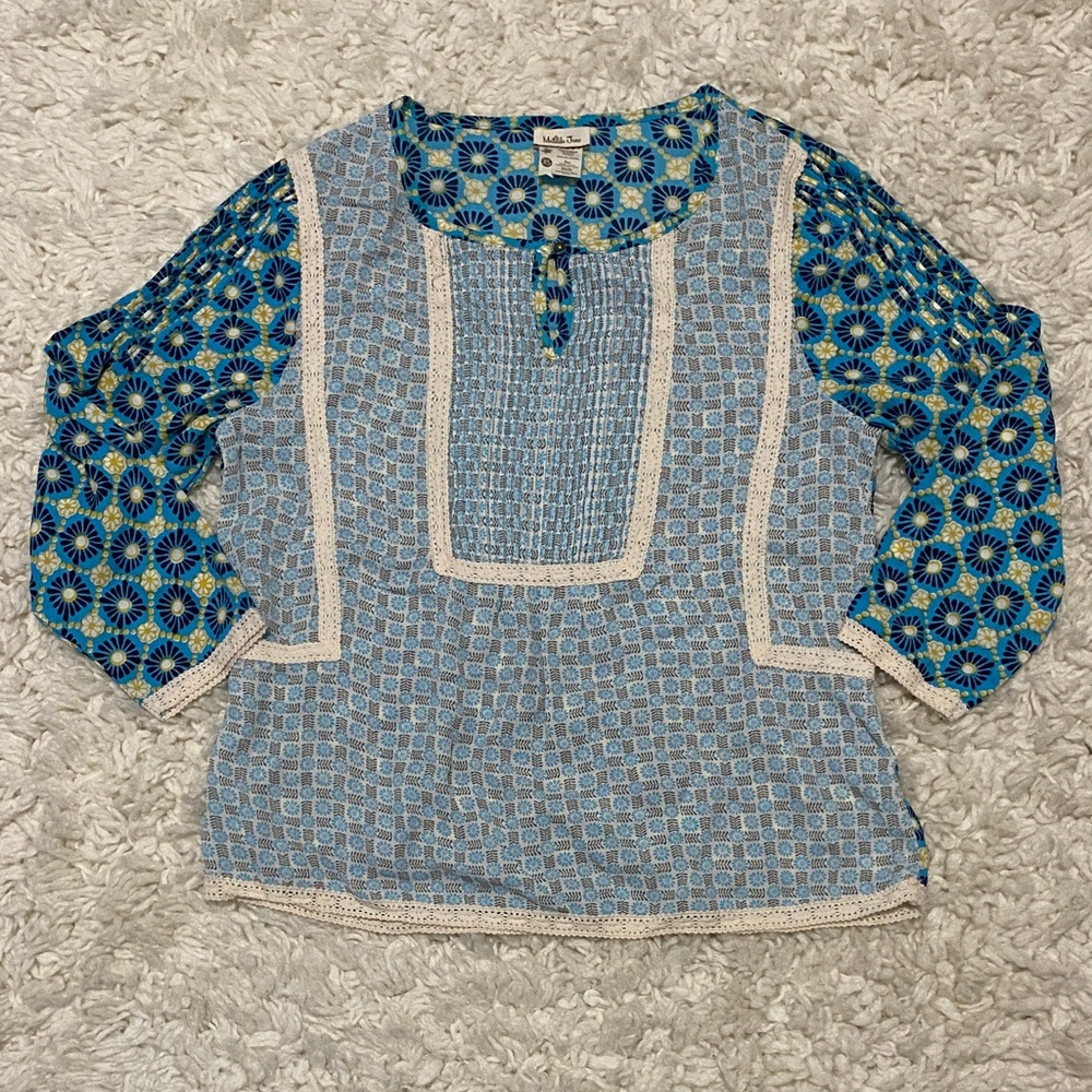 NWOT MATILDA JANE WOMEN’S SIZE XS TEAL BLUE CREAM PATCHWORK BLOUSE .